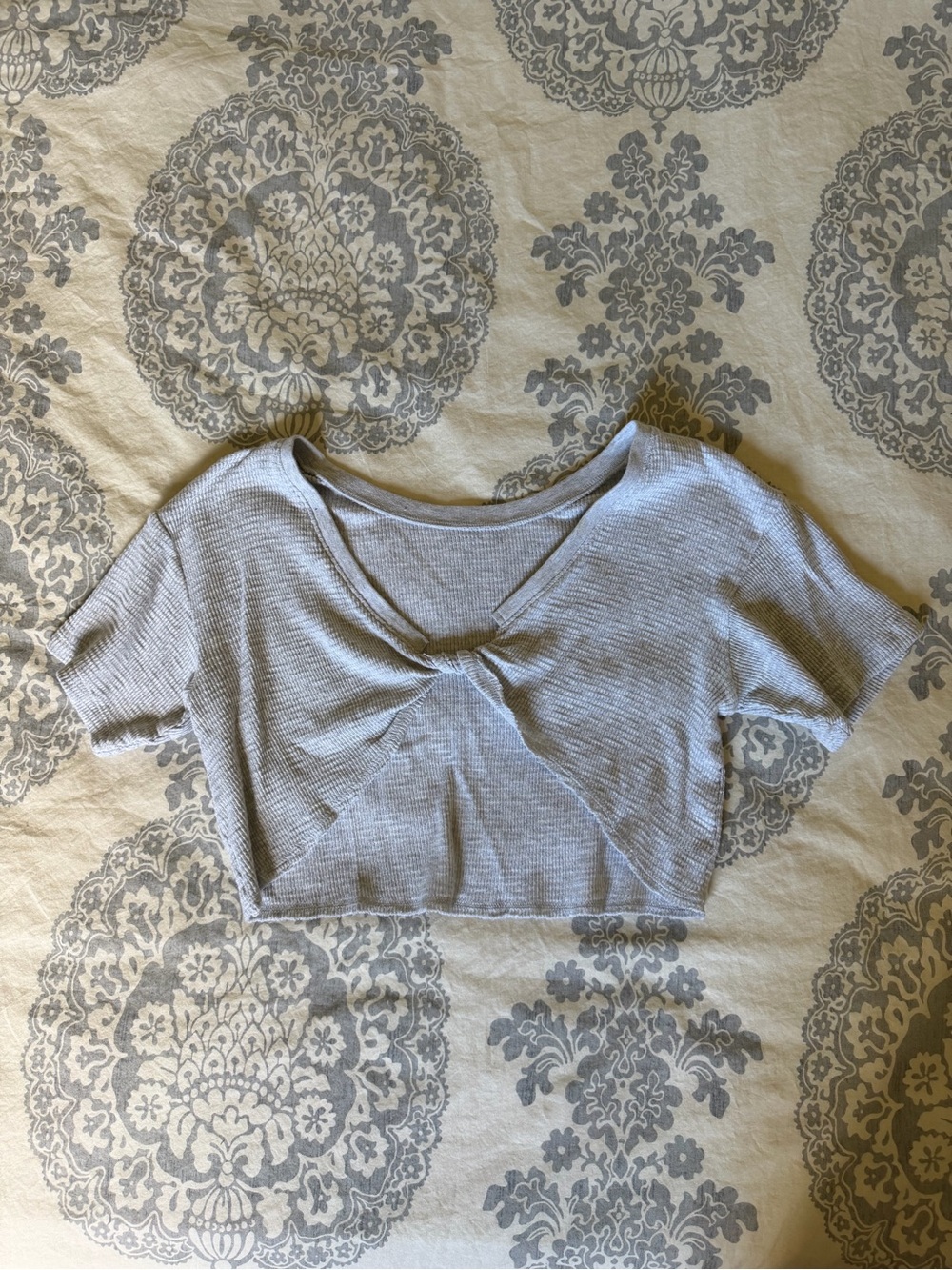 Aerie Gray Ribbed Cropped V-Neck Twist Front Top